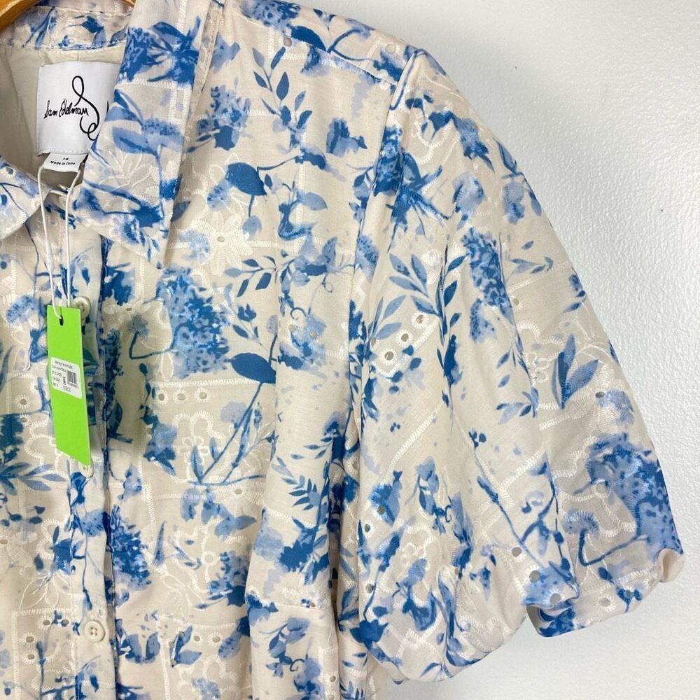 Sam Edelman Floral Embroidered Eyelet Puff Sleeve Mini Shirtdress White Blue, 14 - Picture 5 of 13